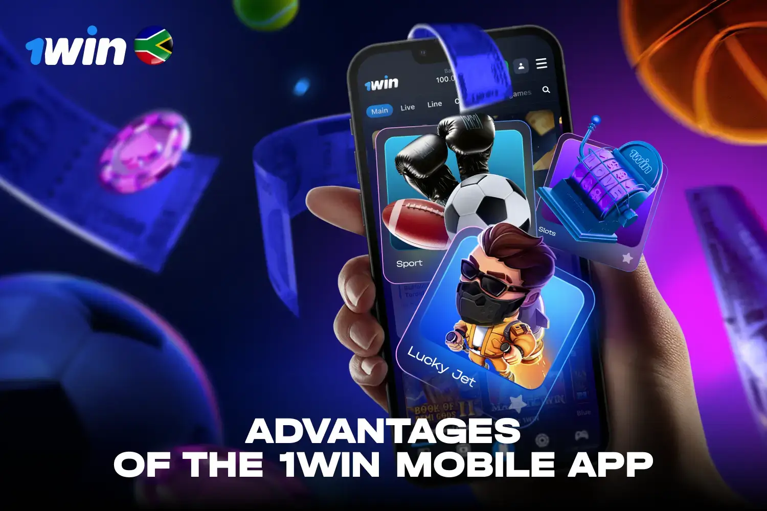 Overview of the 1win mobile application interface highlighting key benefits for South African users