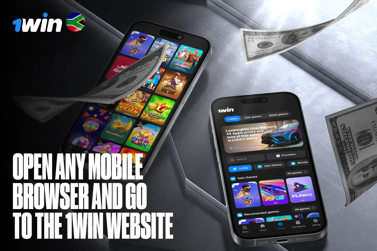 Official 1win homepage displayed in a mobile browser for APK download