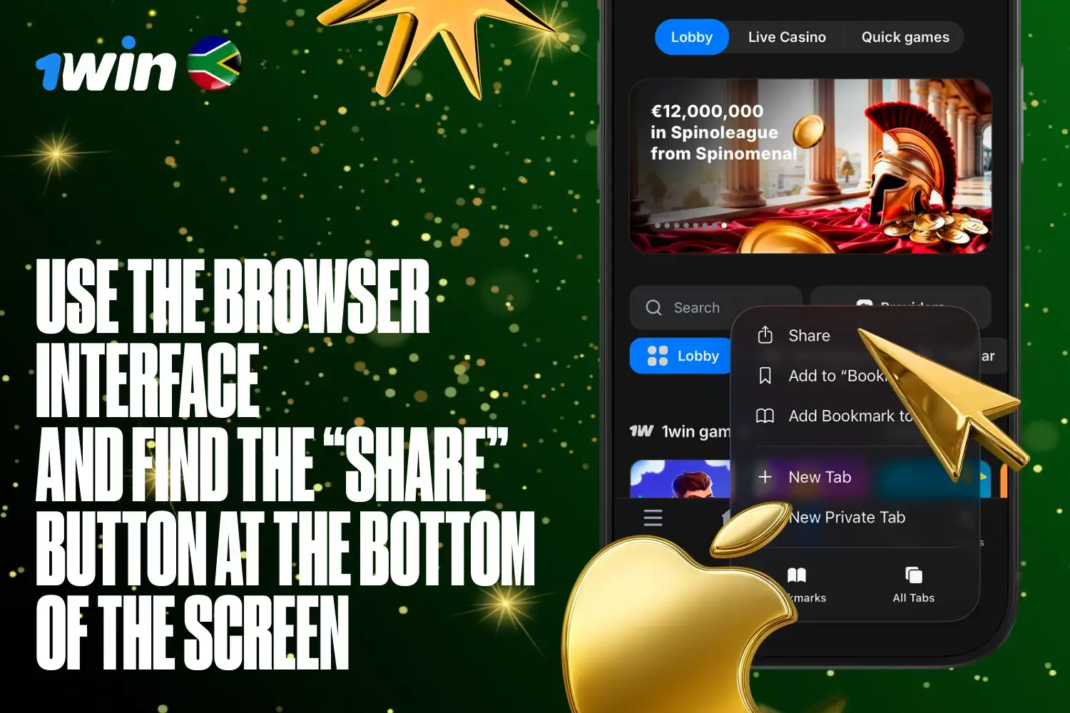 Safari browser share menu interface on iPhone for adding 1win app