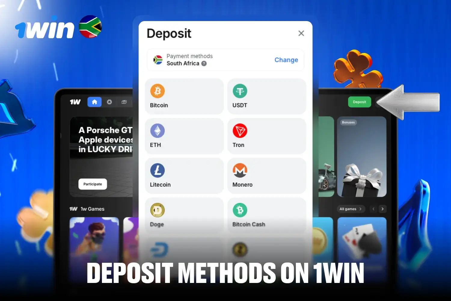 List of secure deposit methods at 1win South Africa including Ozow, Visa and Crypto