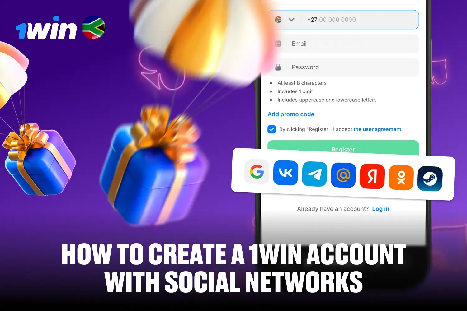 Infographic showing the process of linking a social media account to register on 1win